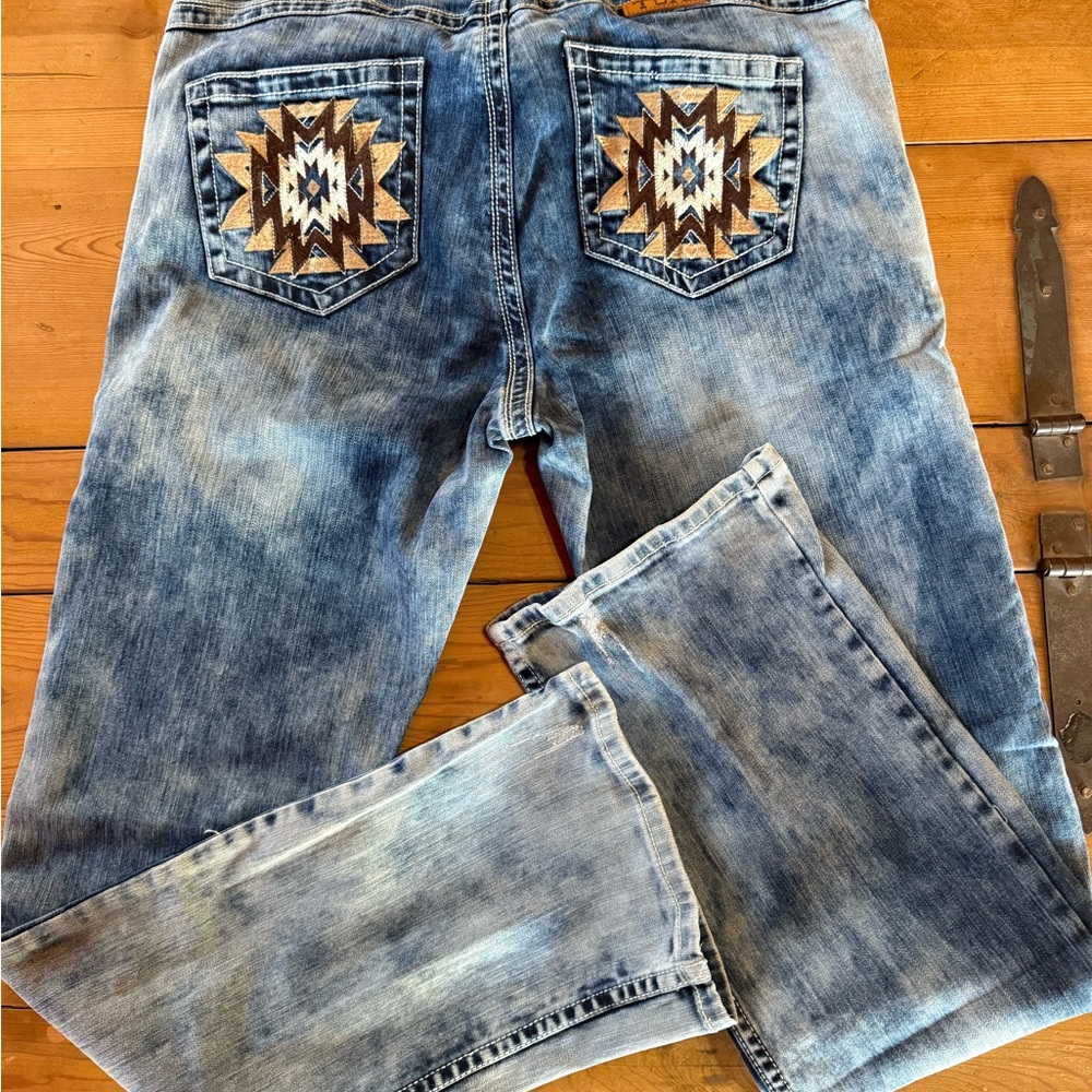 Cowgirl Tuff Blue Boot Cut Jeans with Aztec Design